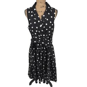 Jessica Howard Black White Polka Dot Dress‎ Sleeveless Tie Waist Women 12 Retro